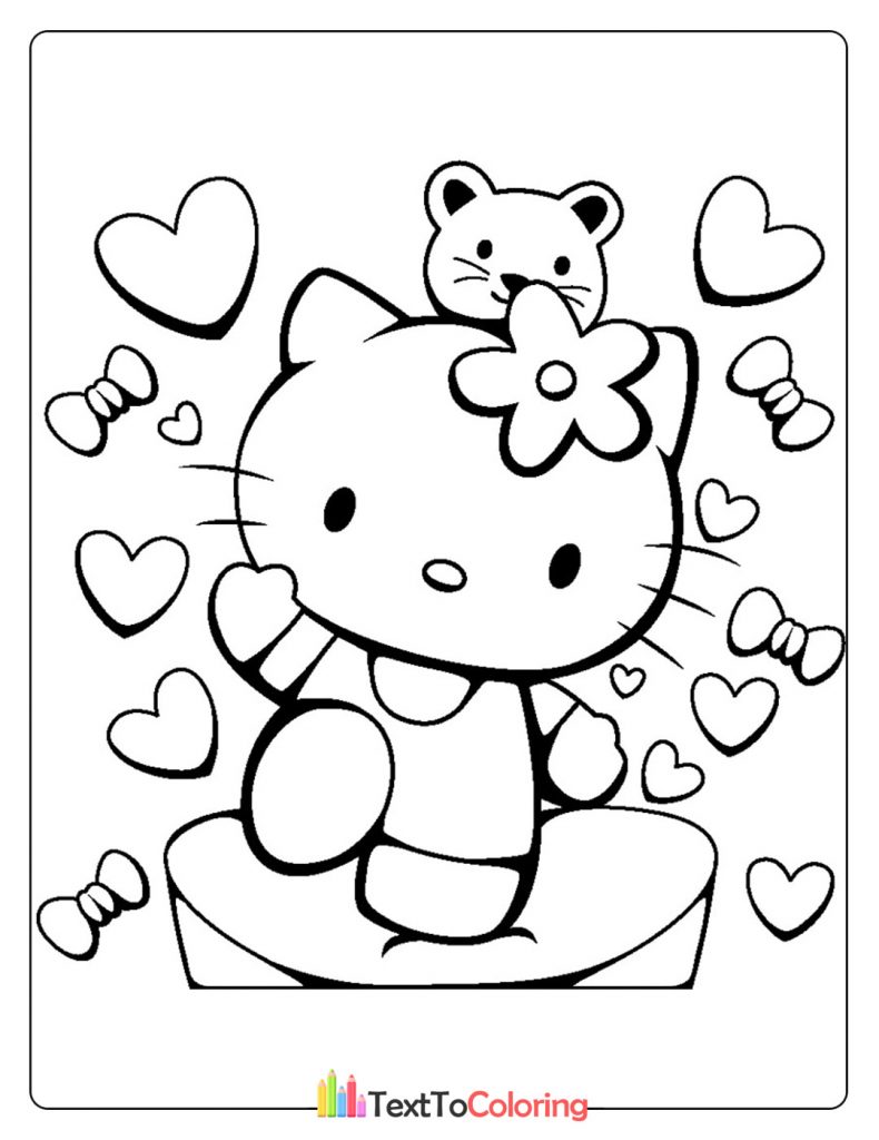 Hello Kitty holding a teddy bear surrounded by hearts and candy