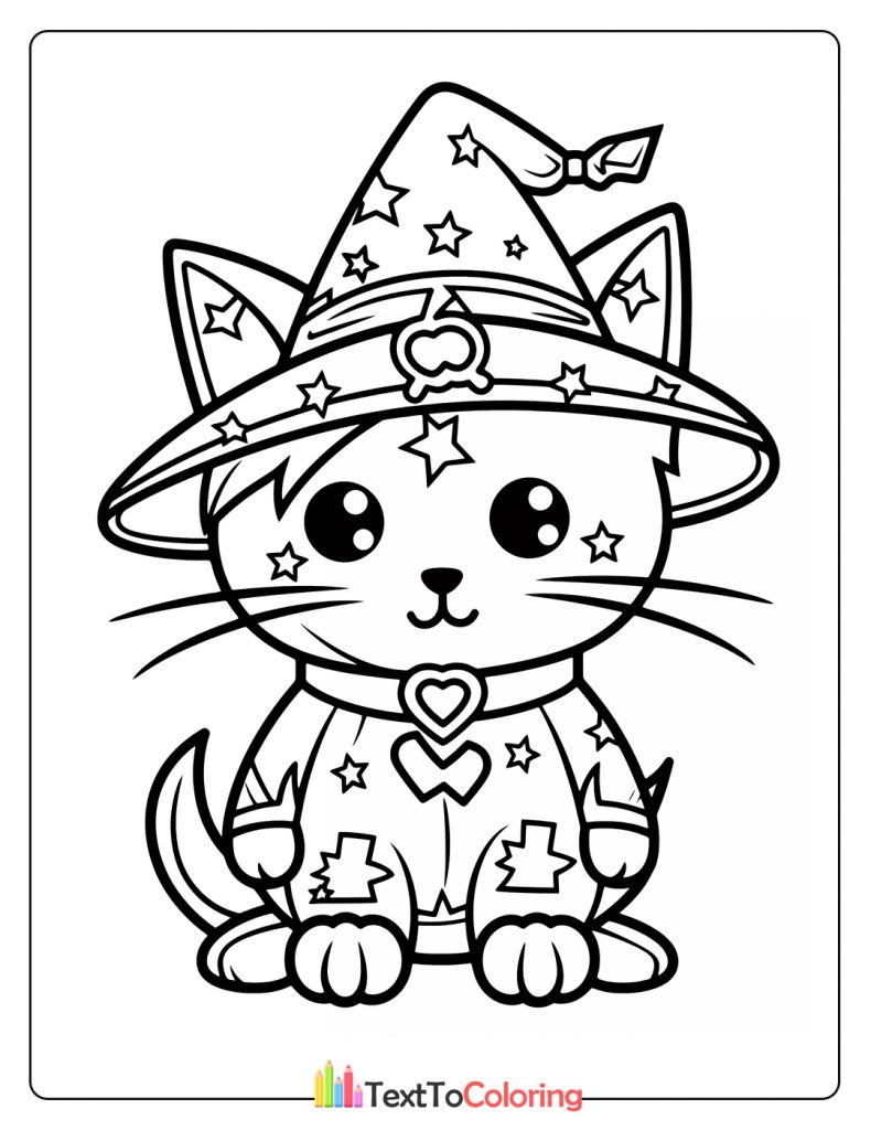 Hello Kitty wearing a witch costume coloring page