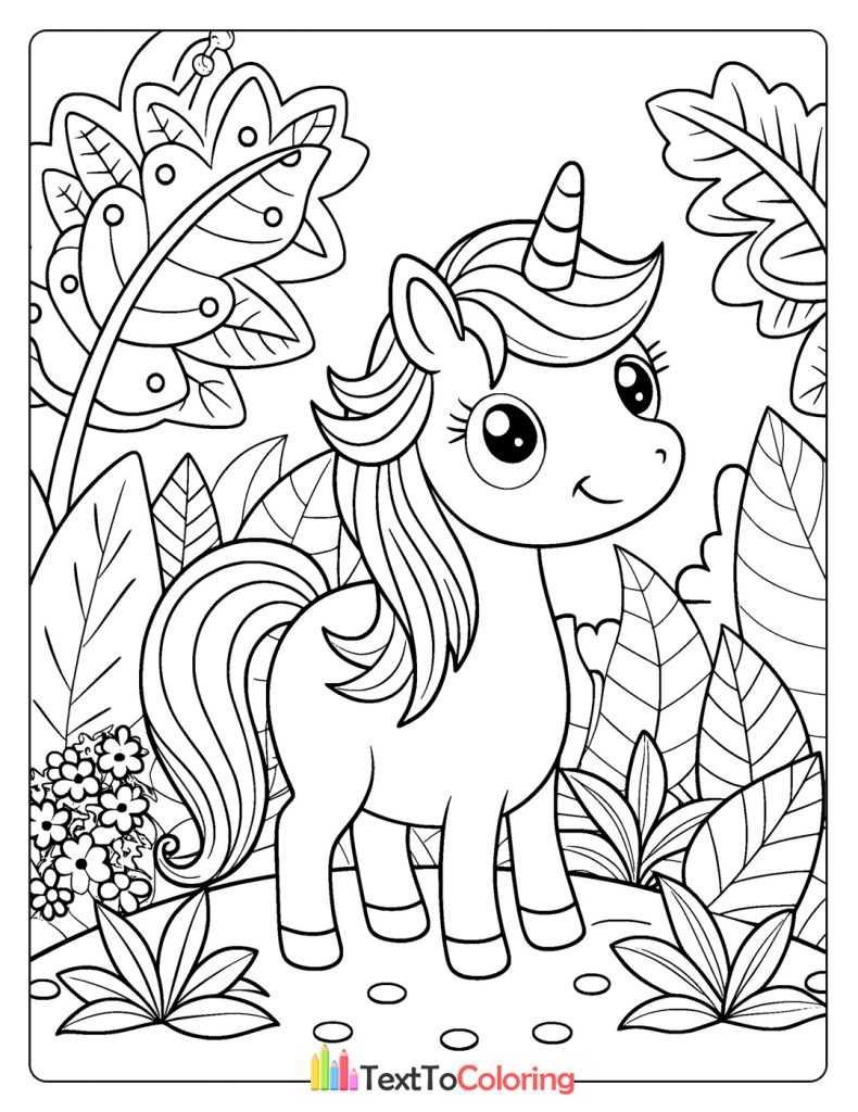 Cute unicorn standing in a jungle scene with big tropical leaves.