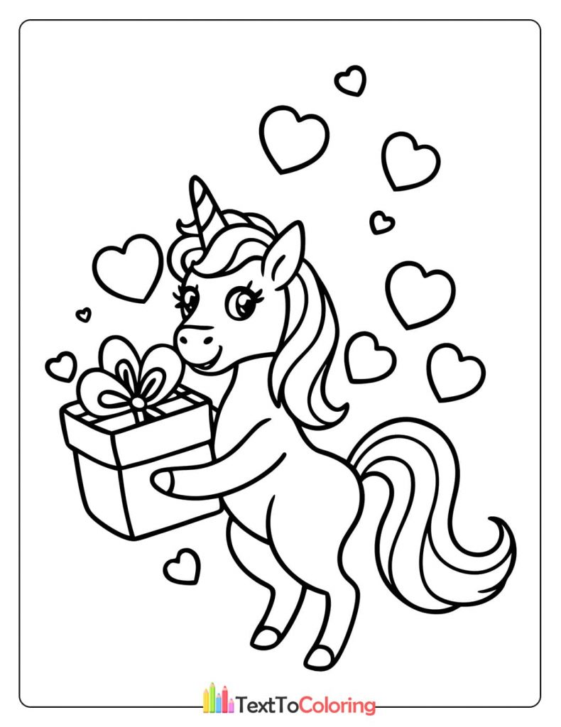 Cute unicorn holding gift surrounded by hearts coloring page