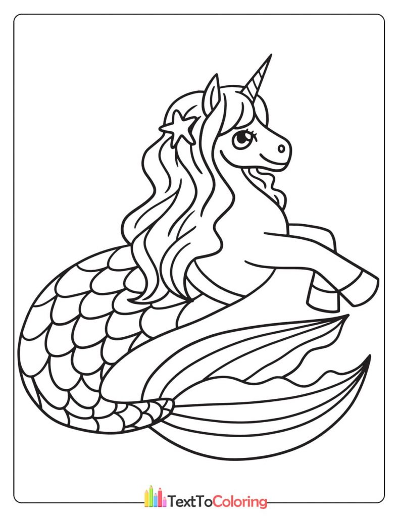 Mermaid unicorn with flowing hair and fish tail black and white coloring page