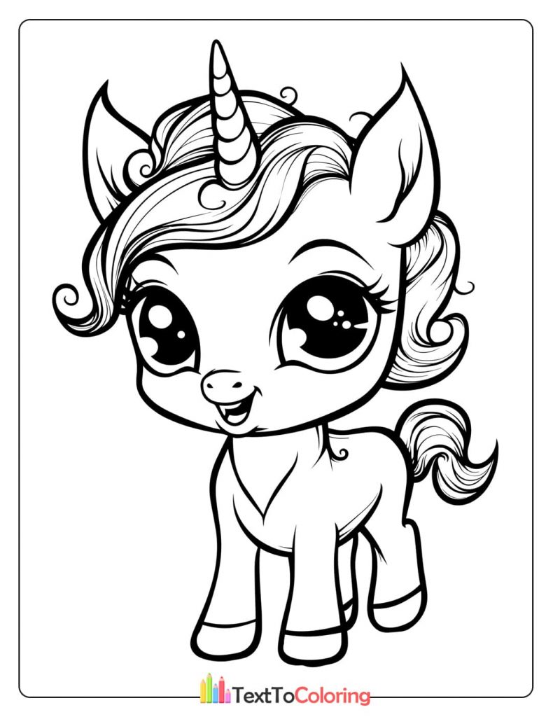 Playful small unicorn with big eyes and a smile coloring page
