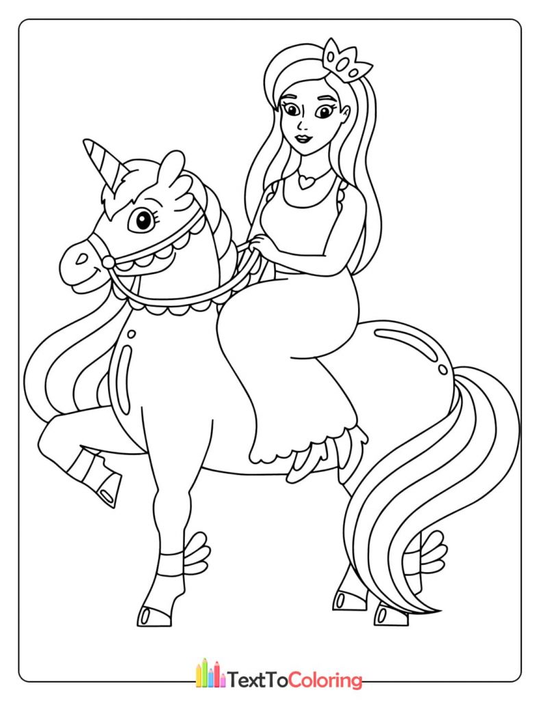 Princess riding a unicorn coloring page