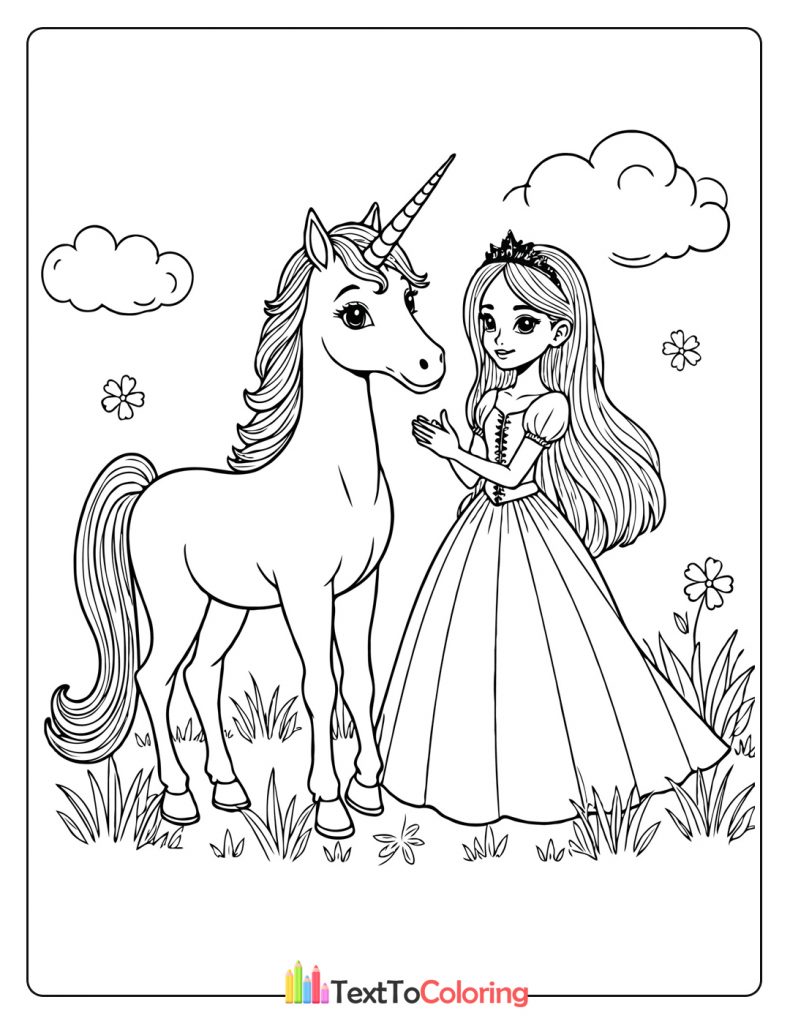 Beautiful princess standing beside a unicorn in a grassy field with clouds.