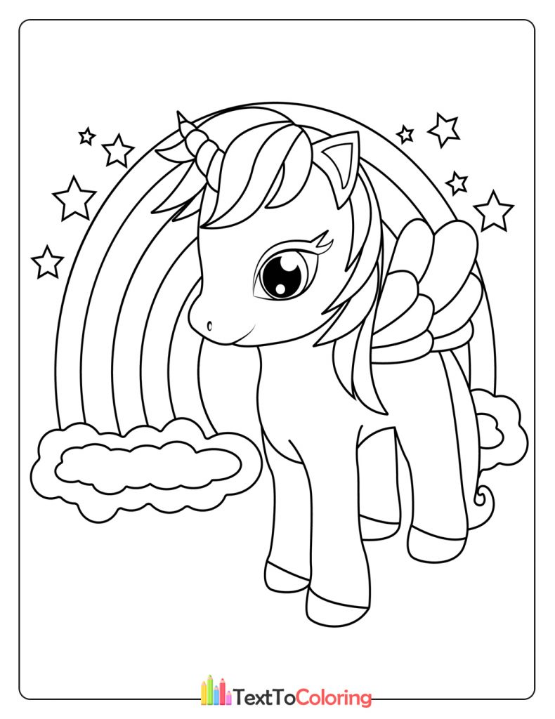 Cute unicorn with rainbow wings standing on clouds.