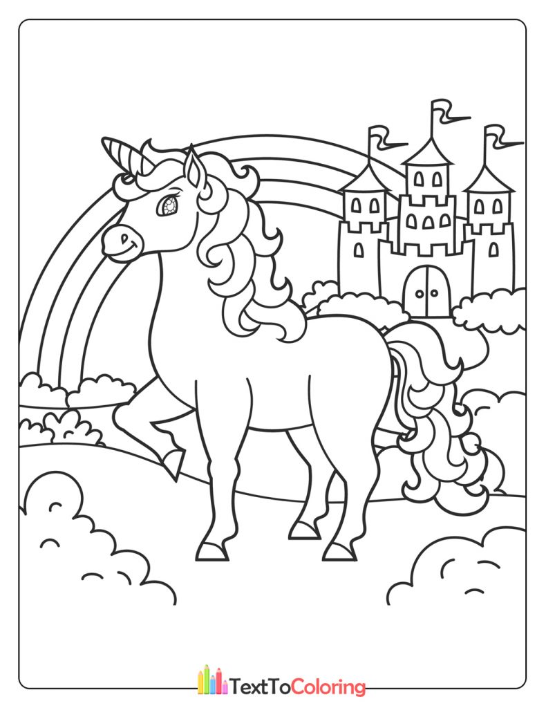 Unicorn standing in front of a rainbow and fairy-tale castle.