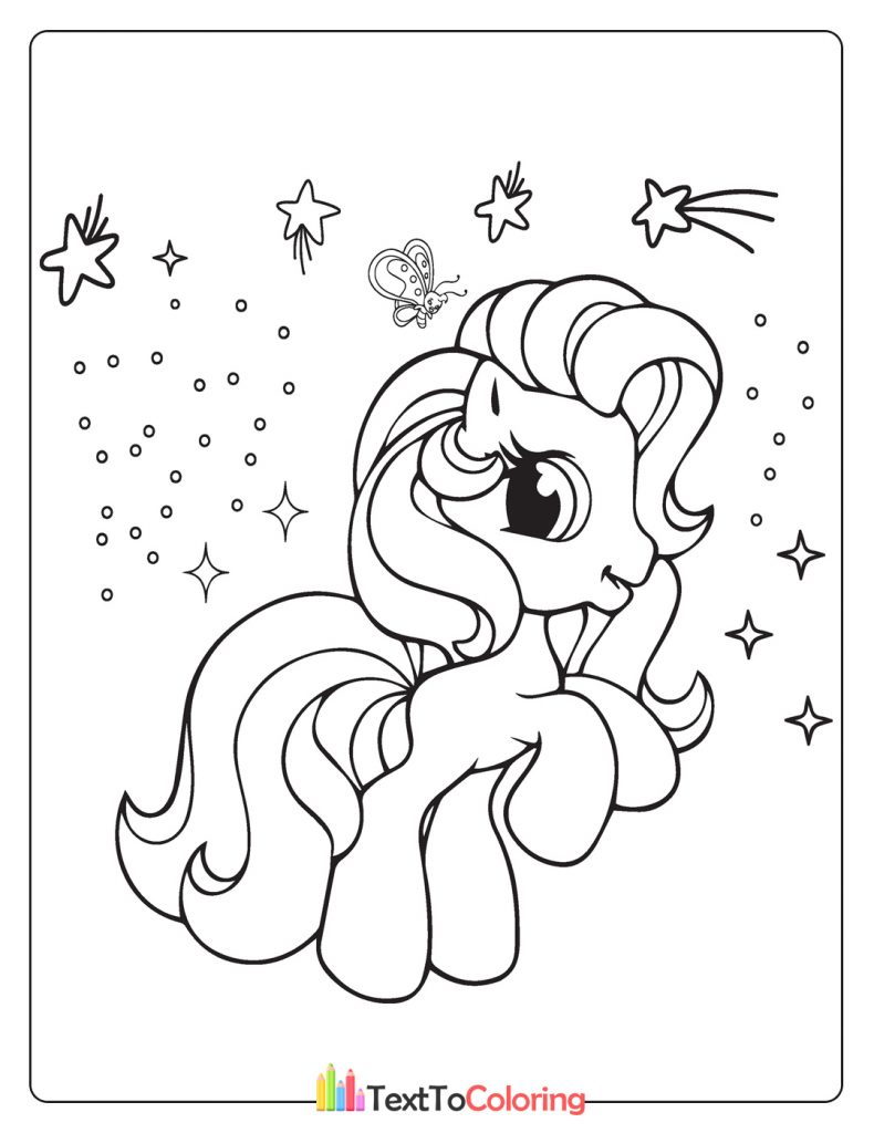 Cute unicorn with a flowing mane surrounded by stars and sparkles.