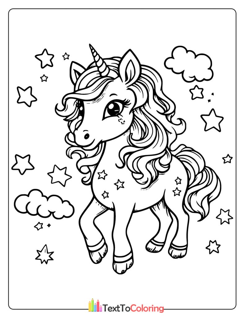 Cute unicorn standing under a sky full of stars and clouds, printable coloring page for kids.