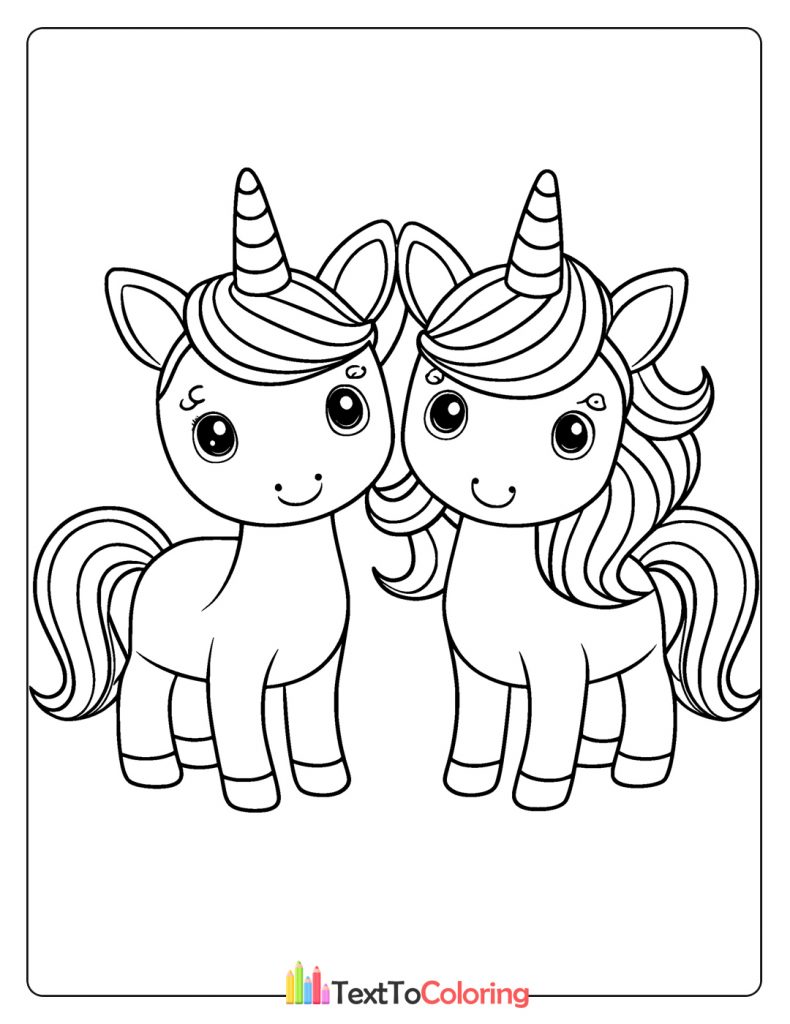 Two adorable unicorns standing side by side with happy expressions.
