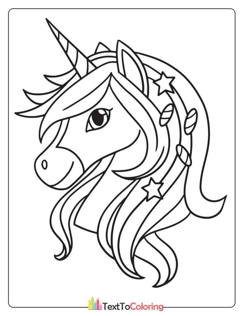 Unicorn head with flowing mane and stars coloring page