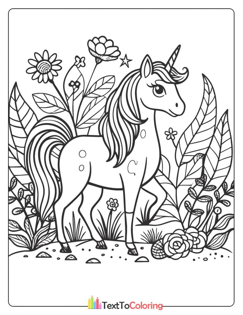 Beautiful unicorn standing in a flower garden coloring page