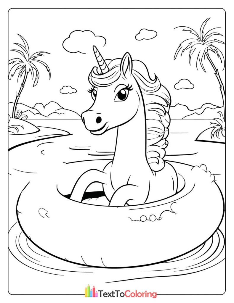 Adorable unicorn floating on a swim ring in the sea coloring page
