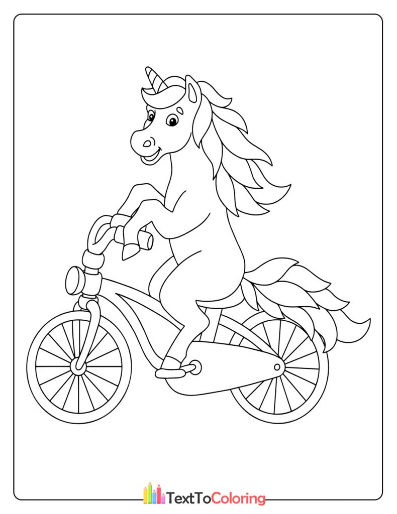 Cute unicorn riding a bicycle on a sunny day, printable coloring page for kids