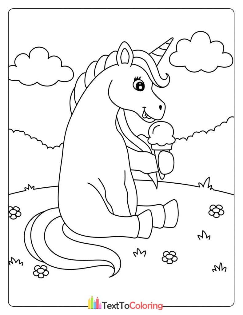 Unicorn sitting on a hill eating ice cream coloring page