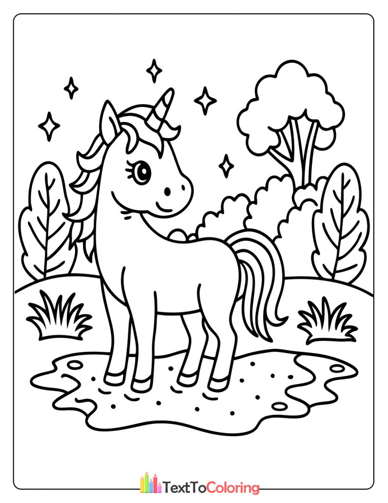 Beautiful unicorn standing beside a calm pond surrounded by trees.