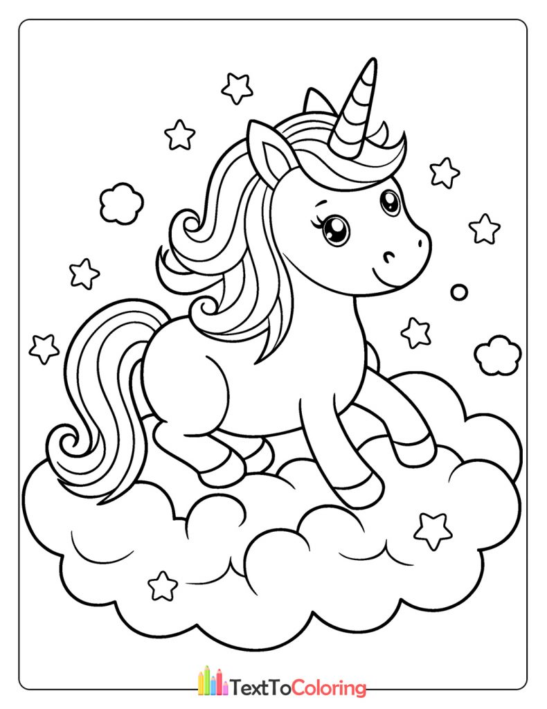 Cute unicorn sitting on a fluffy cloud surrounded by stars.