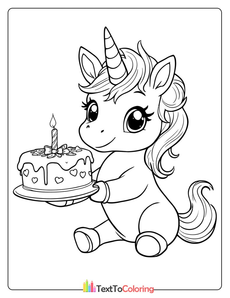 Adorable unicorn holding a birthday cake with candles, ready to celebrate.
