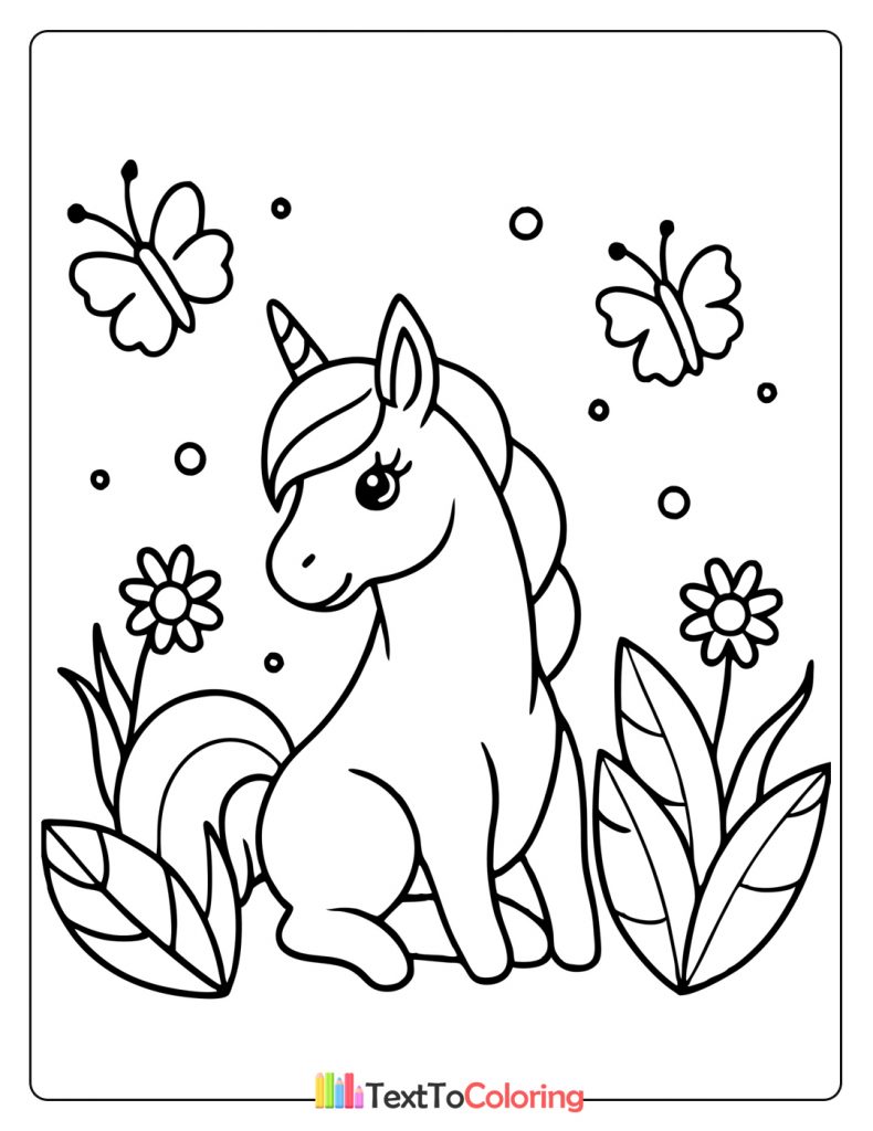 Sweet unicorn surrounded by flowers and fluttering butterflies