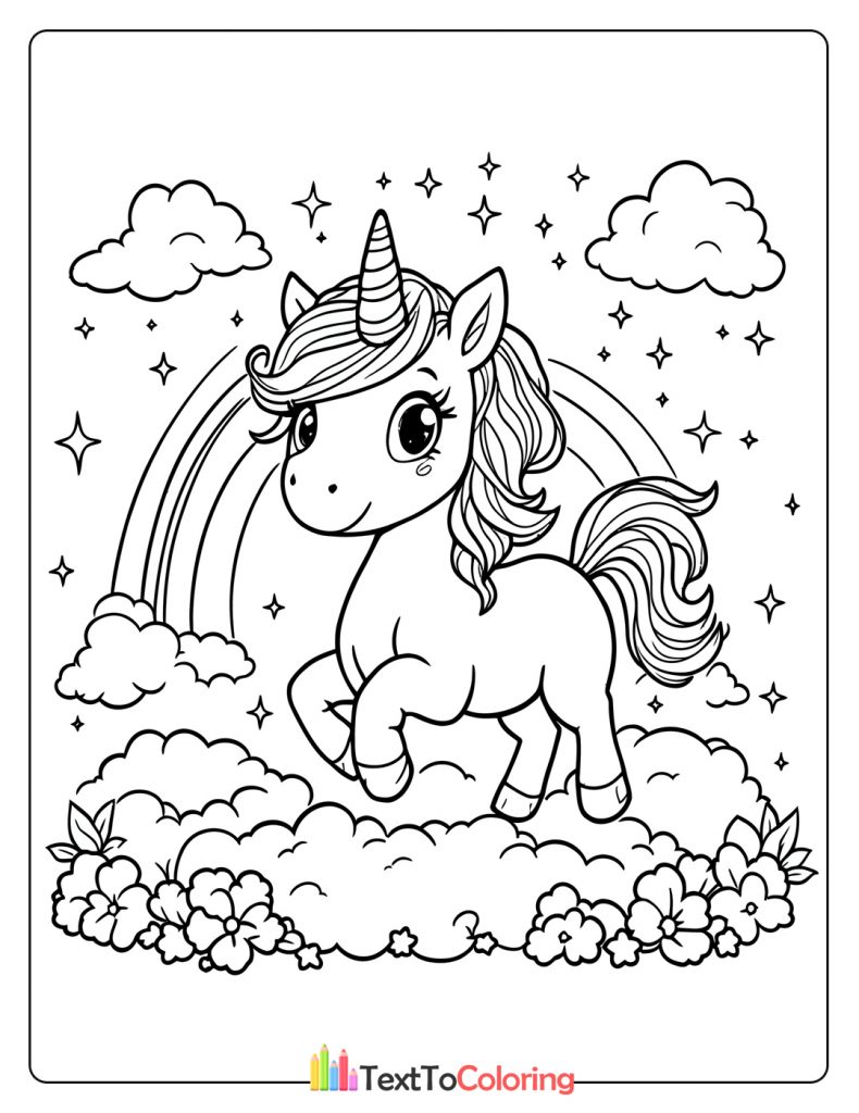 Adorable unicorn standing on fluffy clouds with a bright rainbow