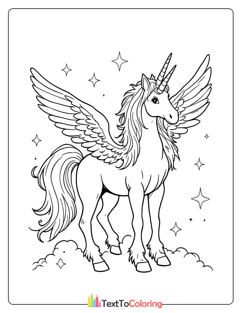 Majestic winged unicorn standing on clouds with shining stars.