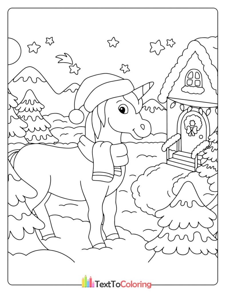Unicorn in winter scarf near snow-covered cabin coloring page