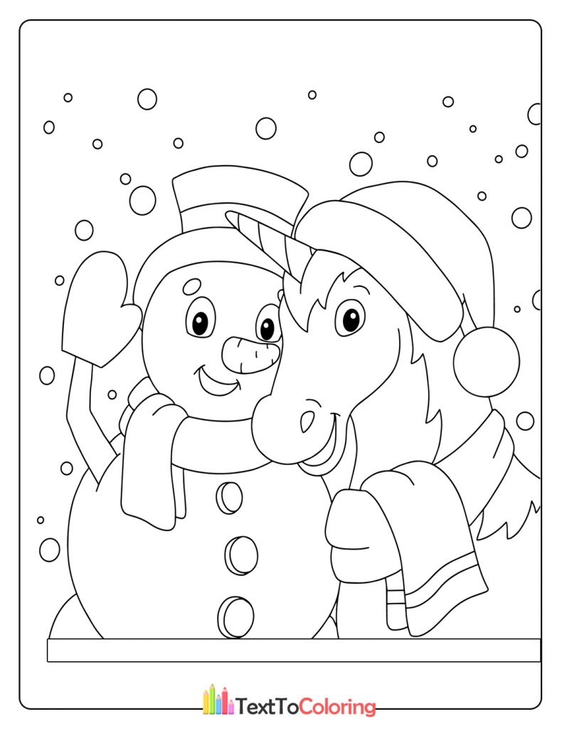 Cute unicorn in a winter hat standing next to a smiling snowman