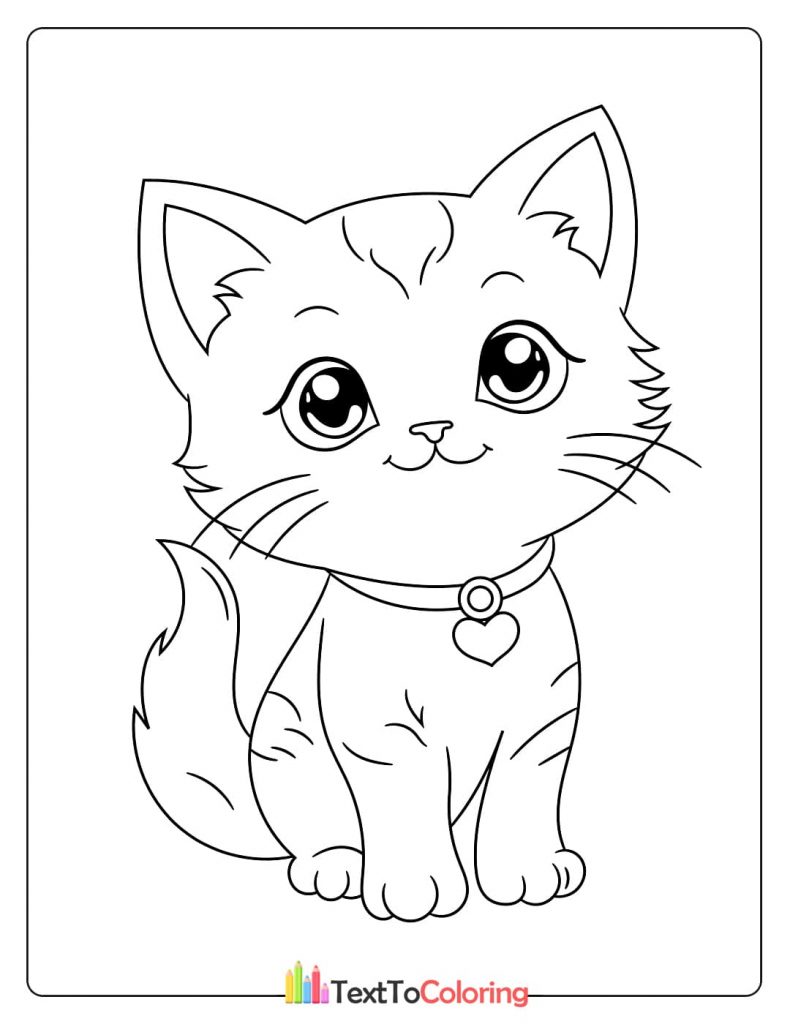 A cute and simple coloring page of a smiling kitten wearing a collar with a heart-shaped tag.