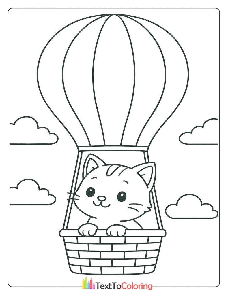 A fun coloring page of a happy kitten taking a ride in a hot air balloon, floating among the clouds.