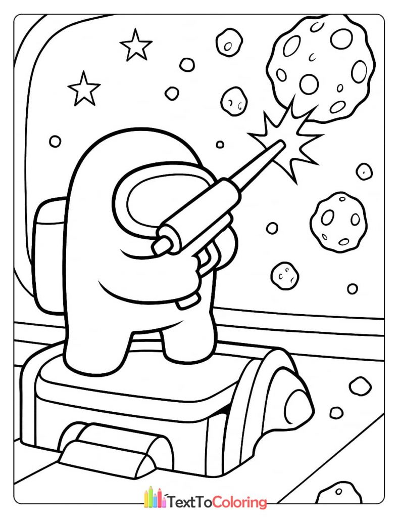 An Among Us crewmate using a laser turret to blast away incoming asteroids in space.