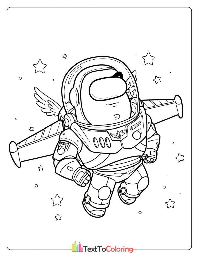 An Among Us character dressed as Buzz Lightyear flying through space with stars around it.