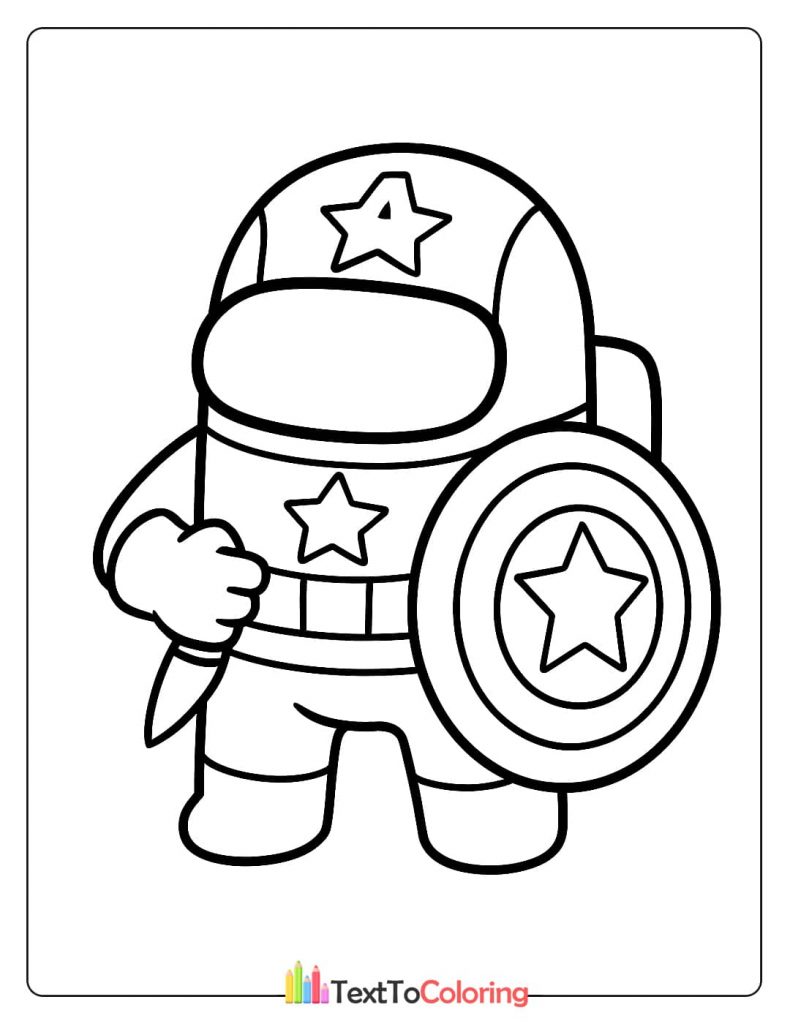 An Among Us character dressed as Captain America with a shield and helmet, ready for battle.
