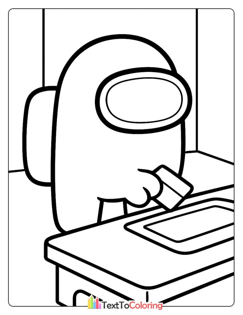 An Among Us crewmate swiping a card at a machine a popular task from the game.