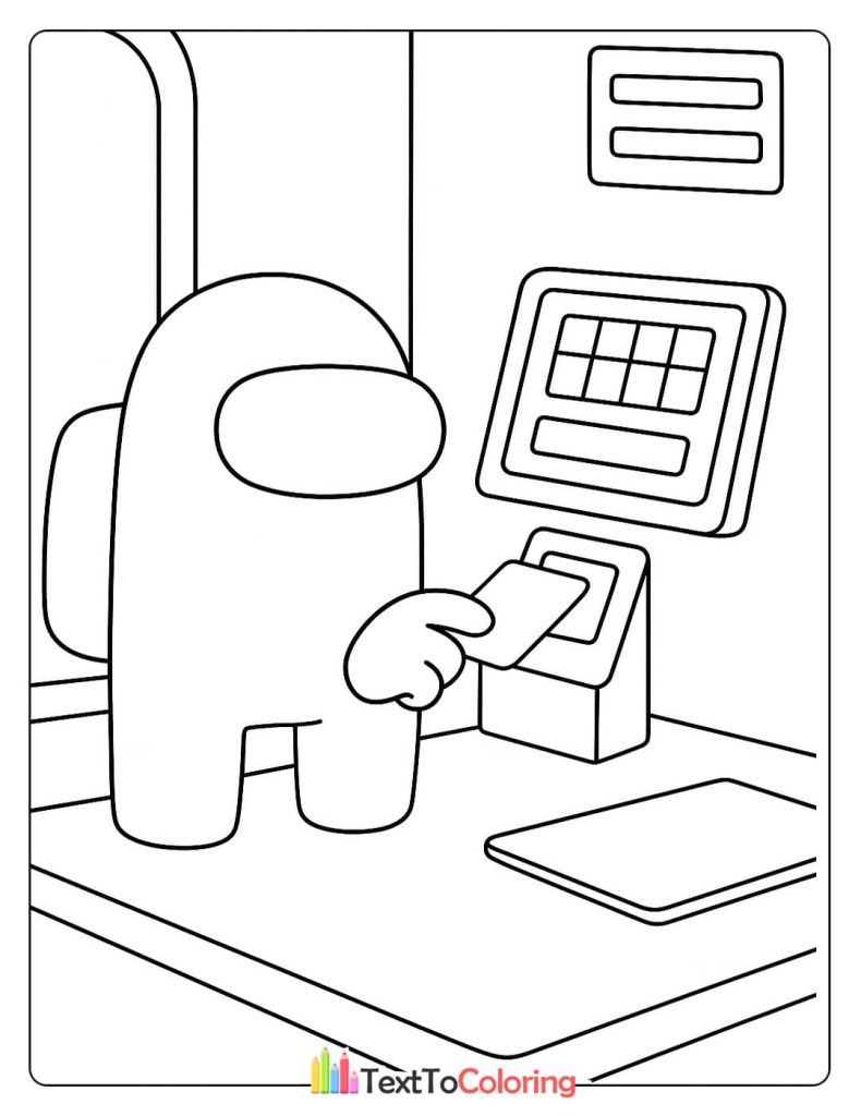 An Among Us crewmate performing the card swipe task at a machine a detailed coloring page.