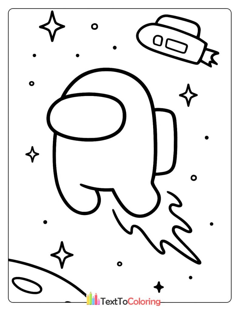 An Among Us crewmate flying through space with a rocket trail behind, with a small spaceship in the background.