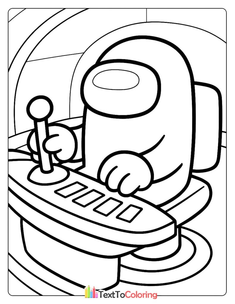 An Among Us crewmate sitting at a control panel, operating a joystick and buttons.