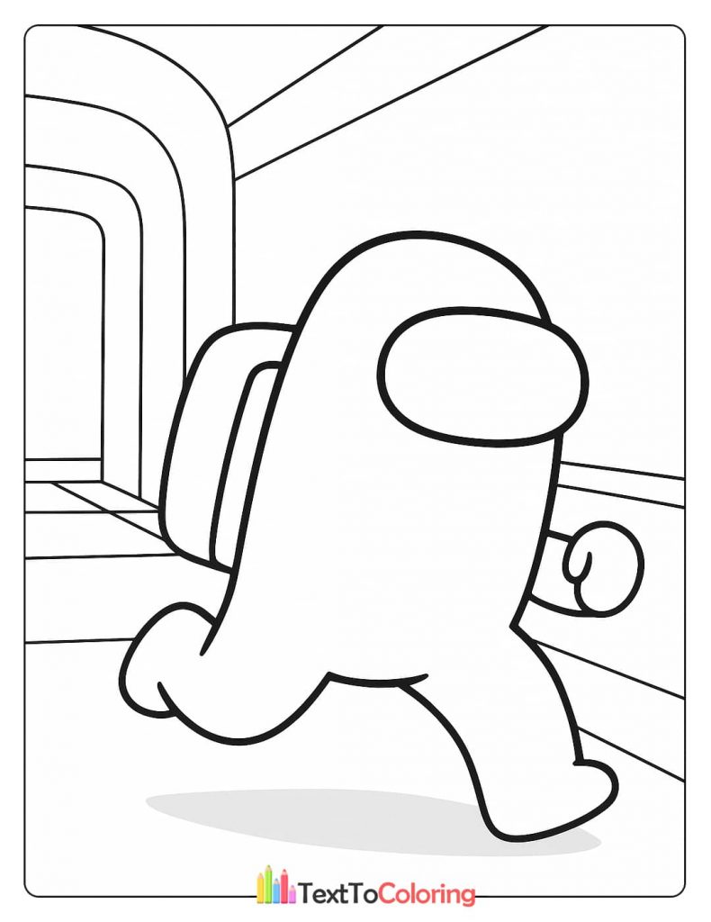 A solo Among Us crewmate running down a ship corridor, a simple and dynamic coloring page.