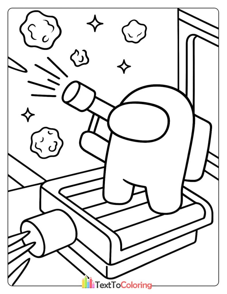 An Among Us crewmate shooting a laser at asteroids from a turret, a fun action coloring page.