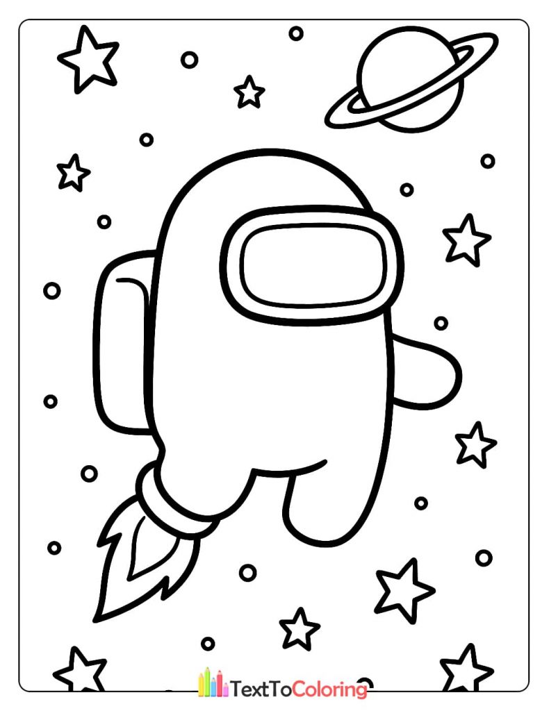 An Among Us crewmate flying through space with a rocket booster surrounded by stars and a planet.
