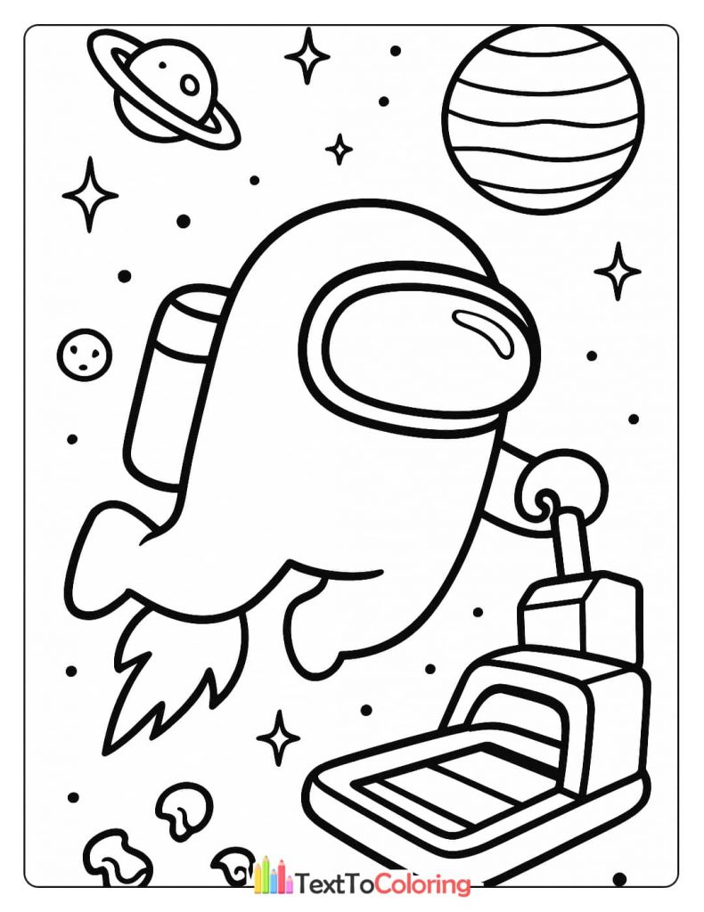 An Among Us crewmate flying in space to complete a task, surrounded by planets and stars.