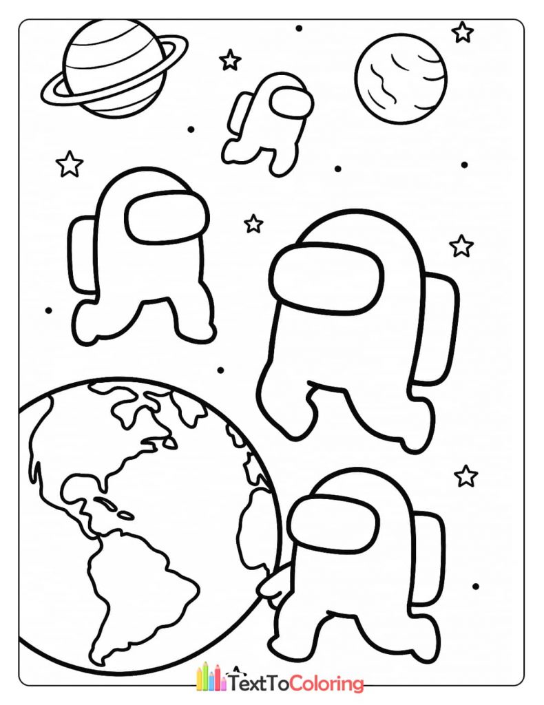 Several Among Us crewmates floating around Earth and other planets in outer space.