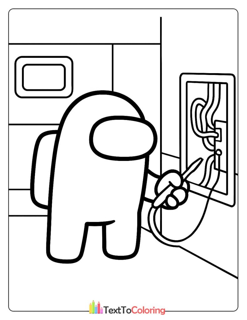 A single Among Us crewmate fixing wires at an electrical panel with a screwdriver.