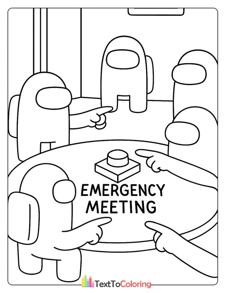 A group of Among Us characters pointing fingers at each other around an emergency meeting button on a table.