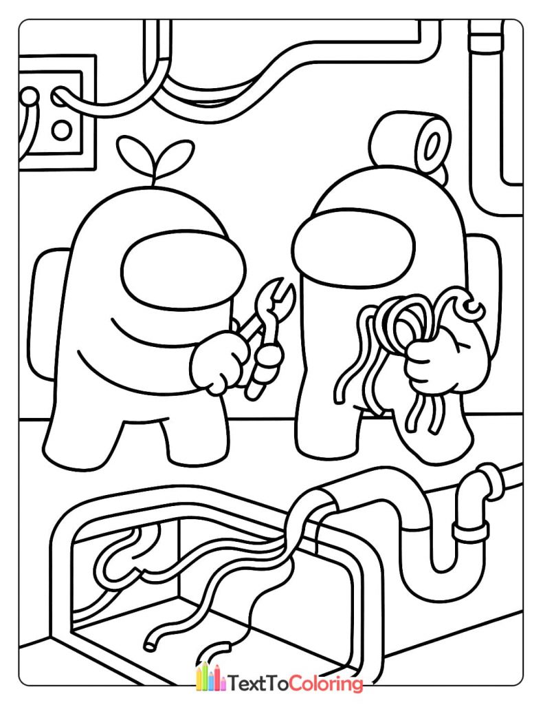 Two Among Us crewmates working together to fix pipes, one with a wrench and the other holding the pipes.