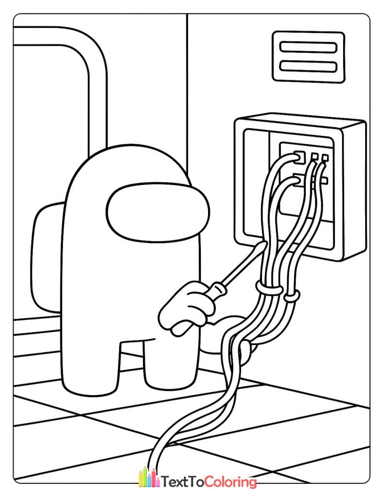 An Among Us crewmate fixing electrical wires with a screwdriver a common task in the game.