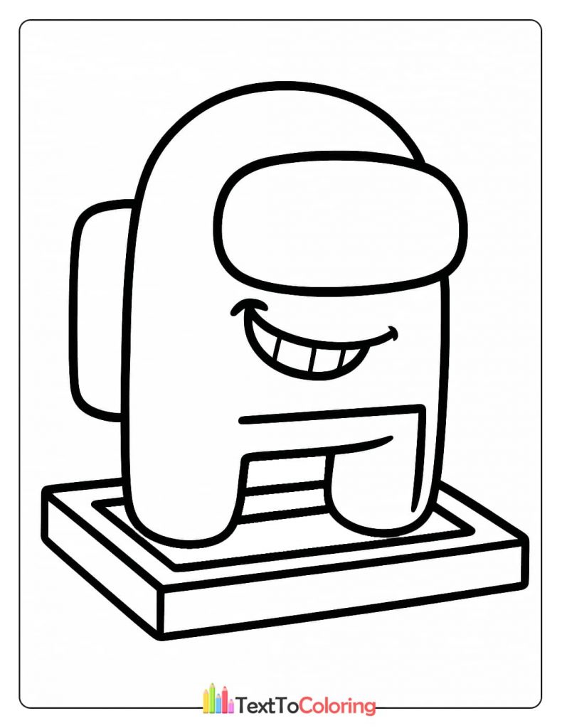 An Among Us impostor with a wide smiling mouth and sharp teeth standing on a platform.