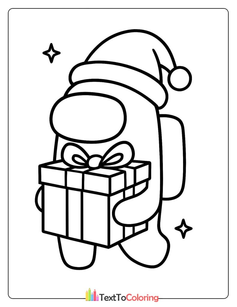 An Among Us crewmate wearing a Santa hat and holding a large wrapped Christmas gift.