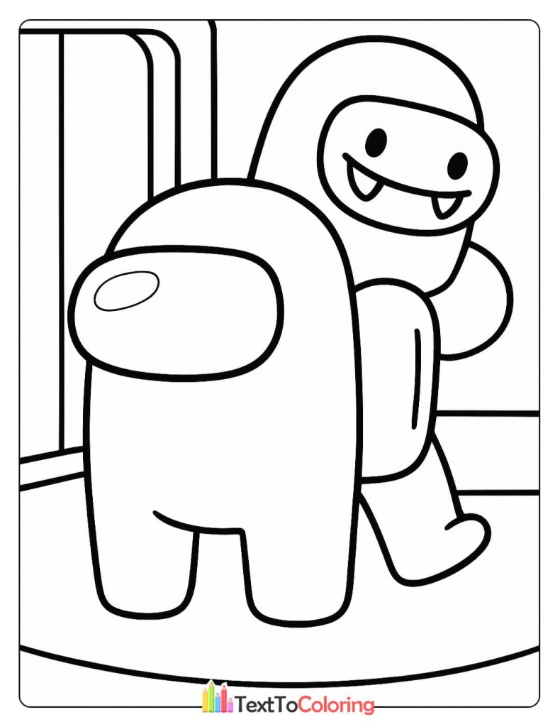 An Among Us impostor with sharp teeth and a wide smile, a classic kill scene coloring page.