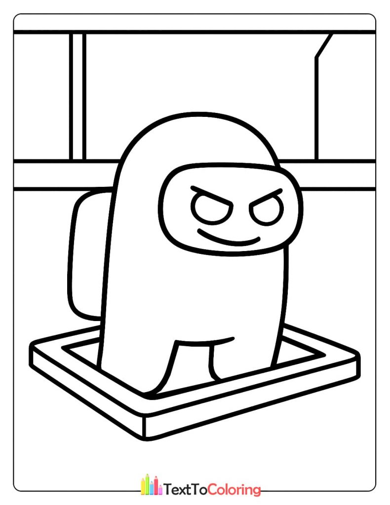 A coloring page of an Among Us impostor with a mischievous and suspicious expression.