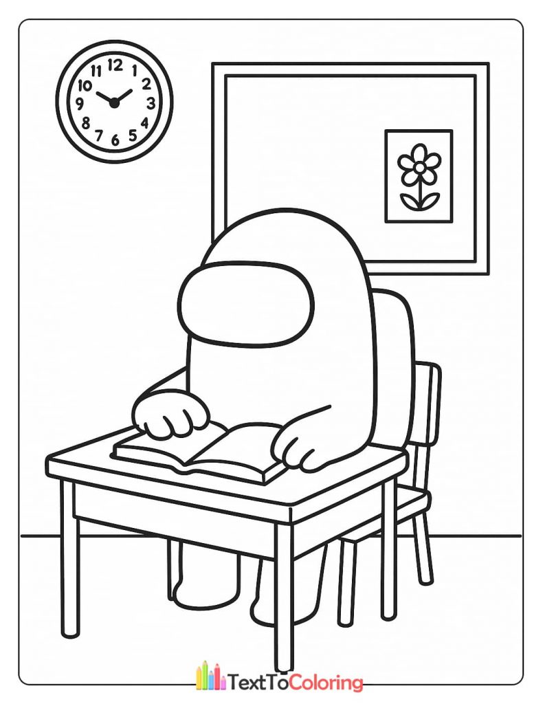 An Among Us crewmate sitting at a desk and reading a book in a classroom with a clock on the wall.