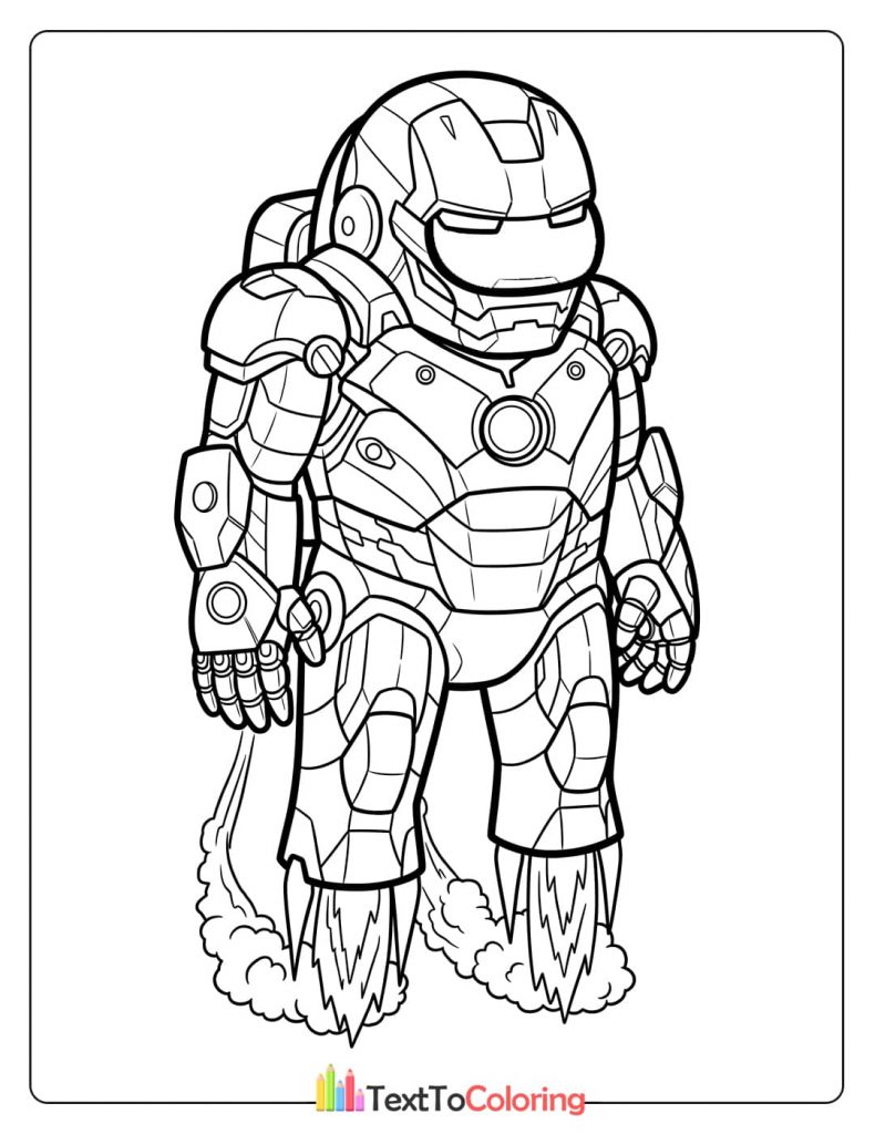 An Among Us character in a detailed Iron Man suit with flames coming from its boots, a cool costume coloring page.